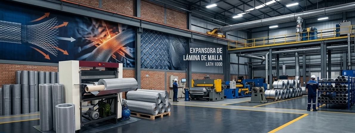 Expansora de lámina para malla metálica Fenix Core Tech con rollo de malla expandida en planta