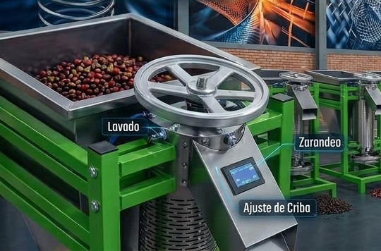 Lavadora de café Fenix Core Tech con tolva de café cereza, volante de ajuste y pantalla de control en planta