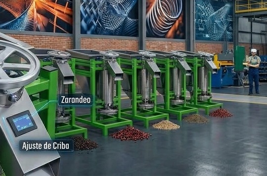 Zaranda de café Fenix Core Tech, batería de cribas verticales en línea con descargas separadas en planta